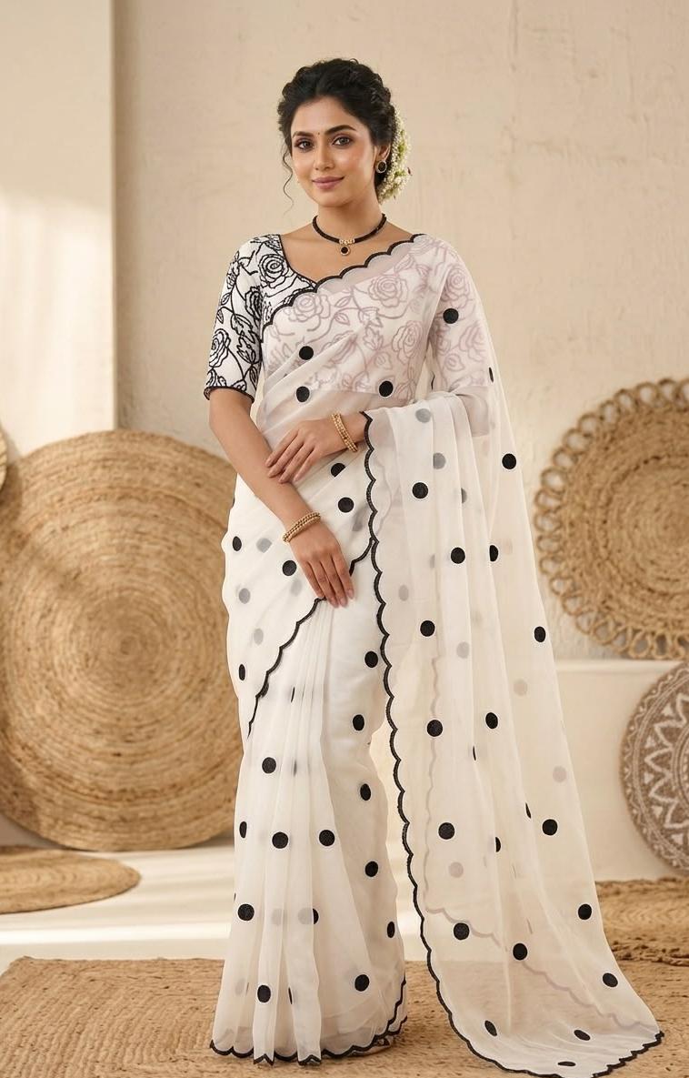 Chitrakala Trends Premium Flowly Georgette Embroidered Saree with Heavy Multi-Embroidery Blouse